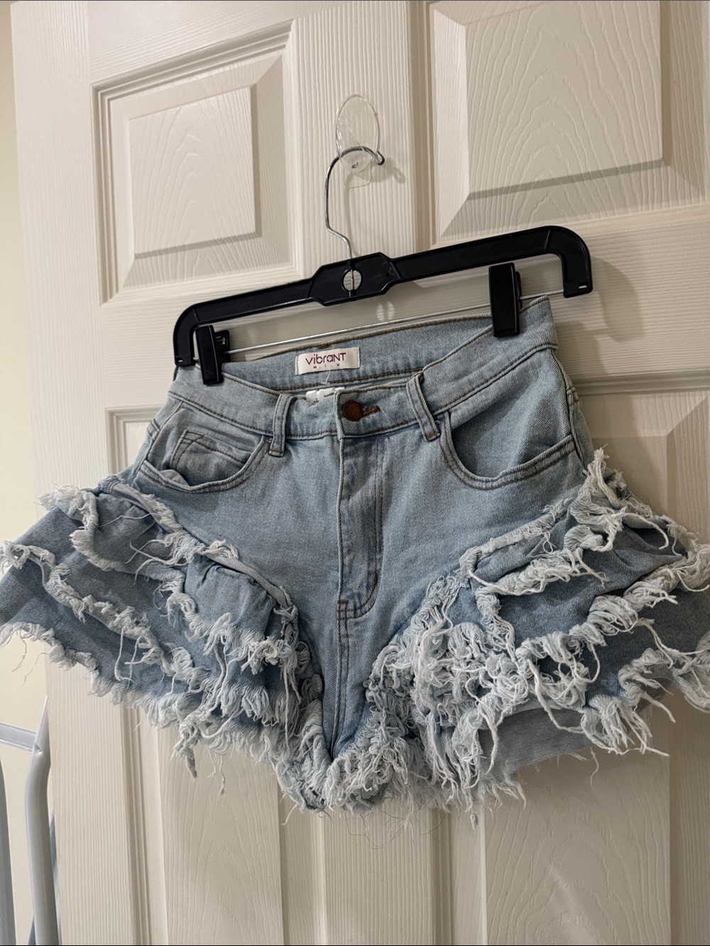 Vibrant Light Blue Distressed Ruffle Denim Shorts